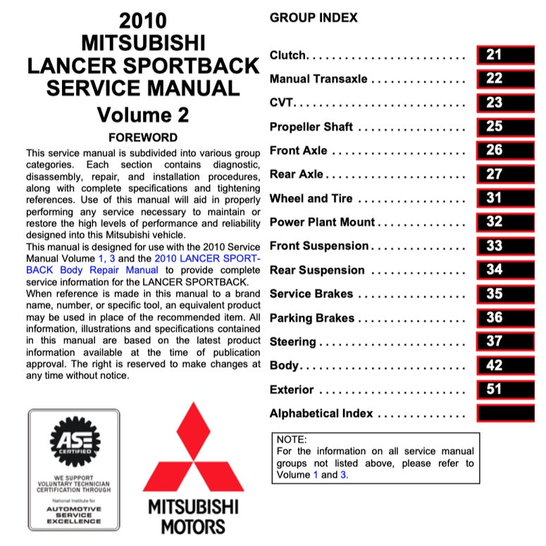 Mitsubishi LANCER SPORTBACK 2010-2012 Full Manual Set – Repair & Maintenance Manual - page 2