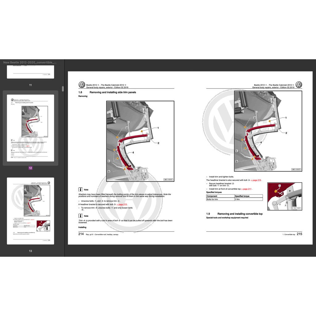 VW NEW BEETLE A5 2011-2019 Full Manual Set – Convertible Top Repair & Maintenance Manual - page 6
